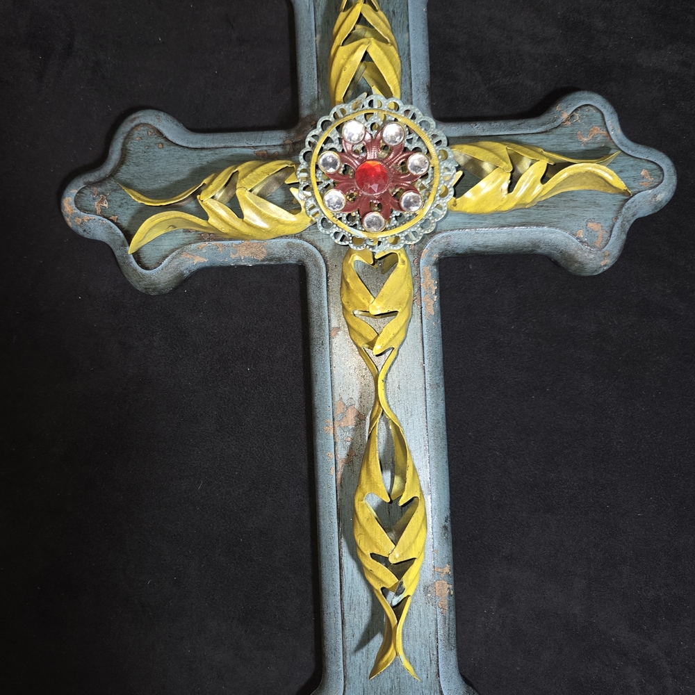 Rustic Blue and Yellow Wall Cross Decor